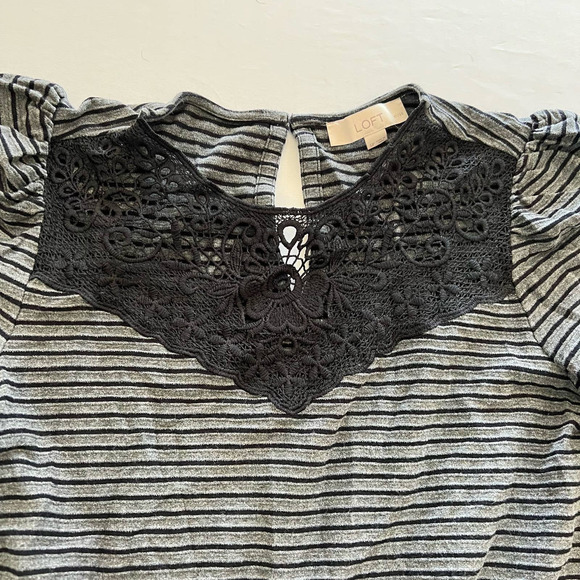 LOFT Petites Gray Dress black stripes lace trim SP - Picture 5 of 7